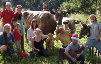 Farm family, WWOOFERs and furry and feathered friends.
